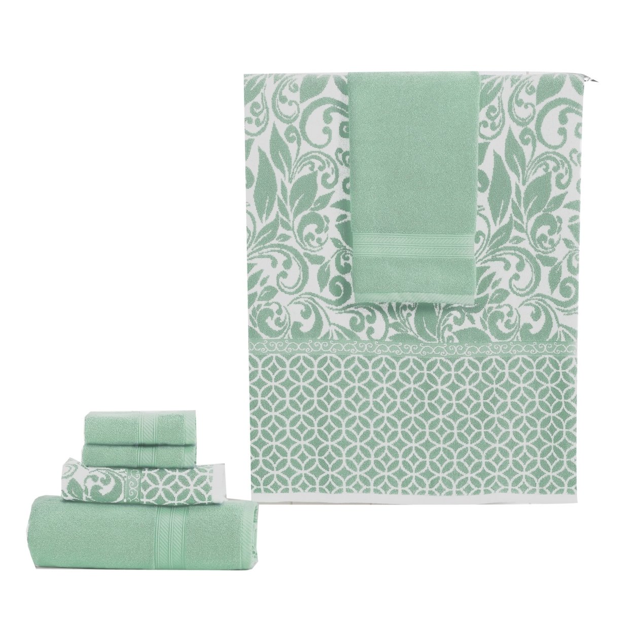 Bev Modern 6 Piece Cotton Towel Set, Jacquard Filigree Pattern, Sage Green- Saltoro Sherpi