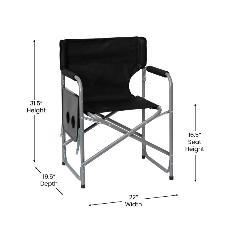 Folding Black Director'S Camping Chair With Side Table And Cup Holder Portable Indooroutdoor Steel Framed Sports Chair