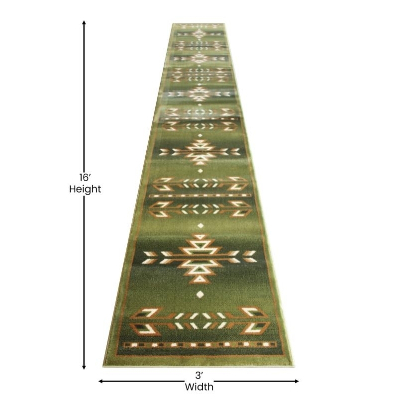 Lodi Collection Southwestern 3' X 16' Green Area Rug - Olefin Rug With Jute Backing For Hallway, Entryway, Bedroom, Living Room