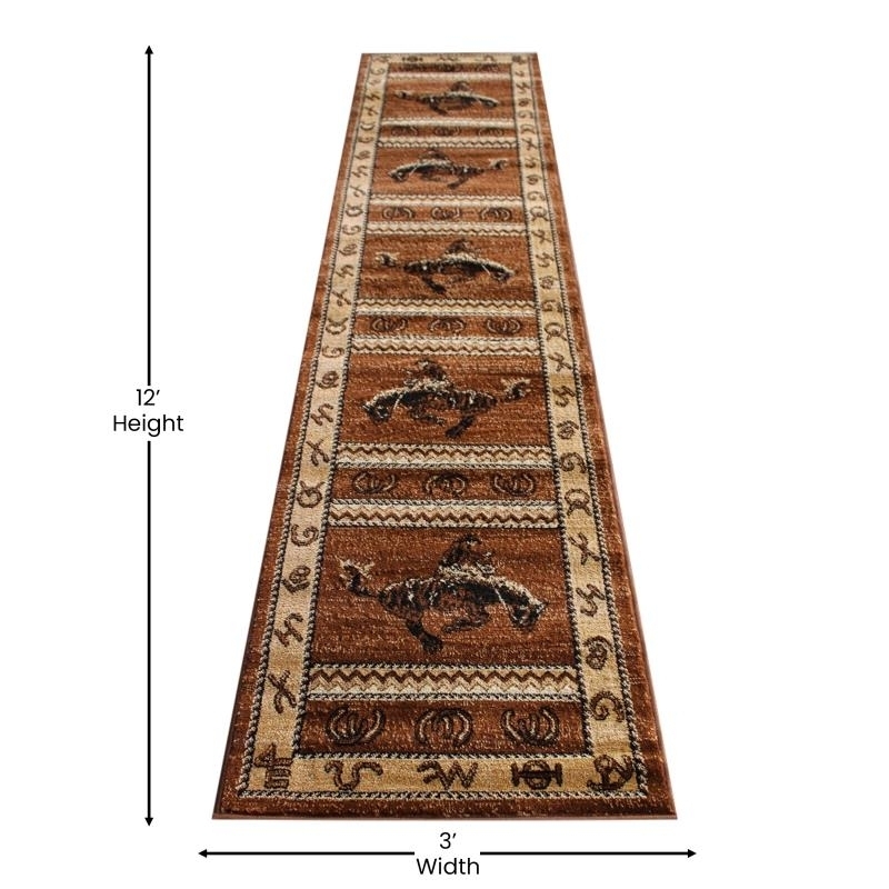 Hoytt Collection Brown 2' X 11' Bucking Bronco Cowboy Area Rug With Jute Backing For Indoor Use