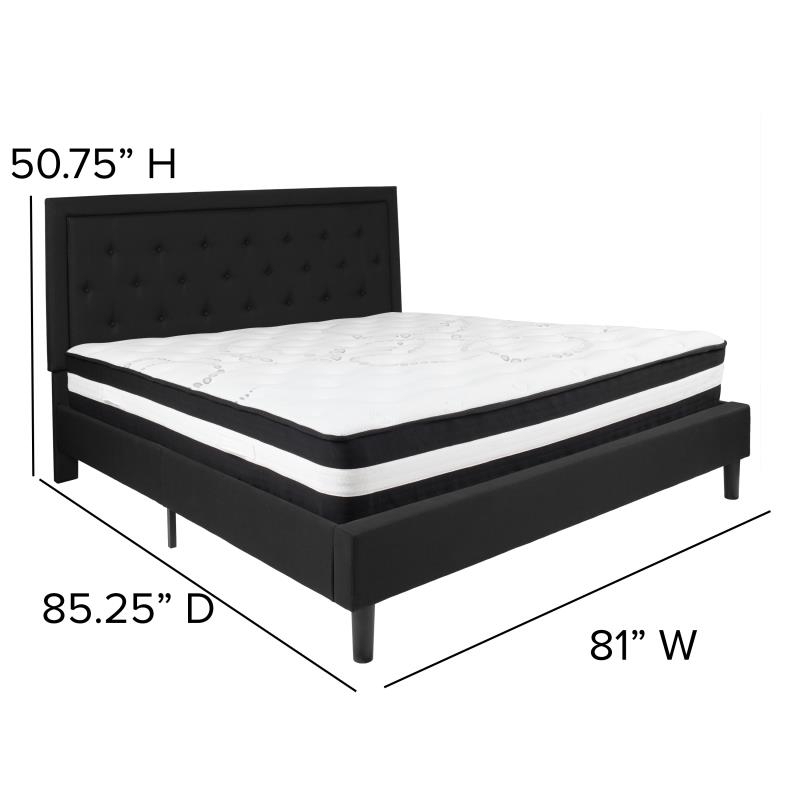 Roxbury King Size Tufted Upholstered Platform Bed In Black Fabric With Pocket Spring Mattress