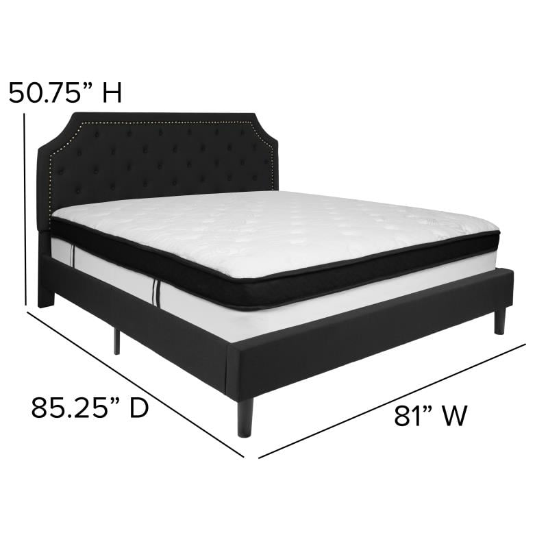 Brighton King Size Tufted Upholstered Platform Bed In Black Fabric With Memory Foam Mattress