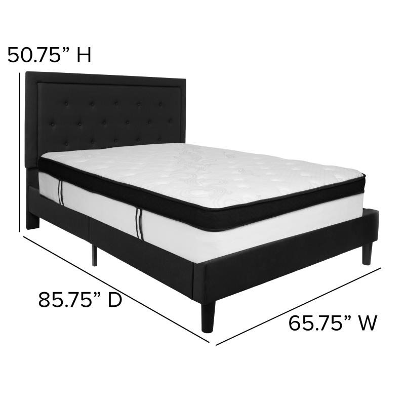 Roxbury Queen Size Tufted Upholstered Platform Bed In Black Fabric With Memory Foam Mattress