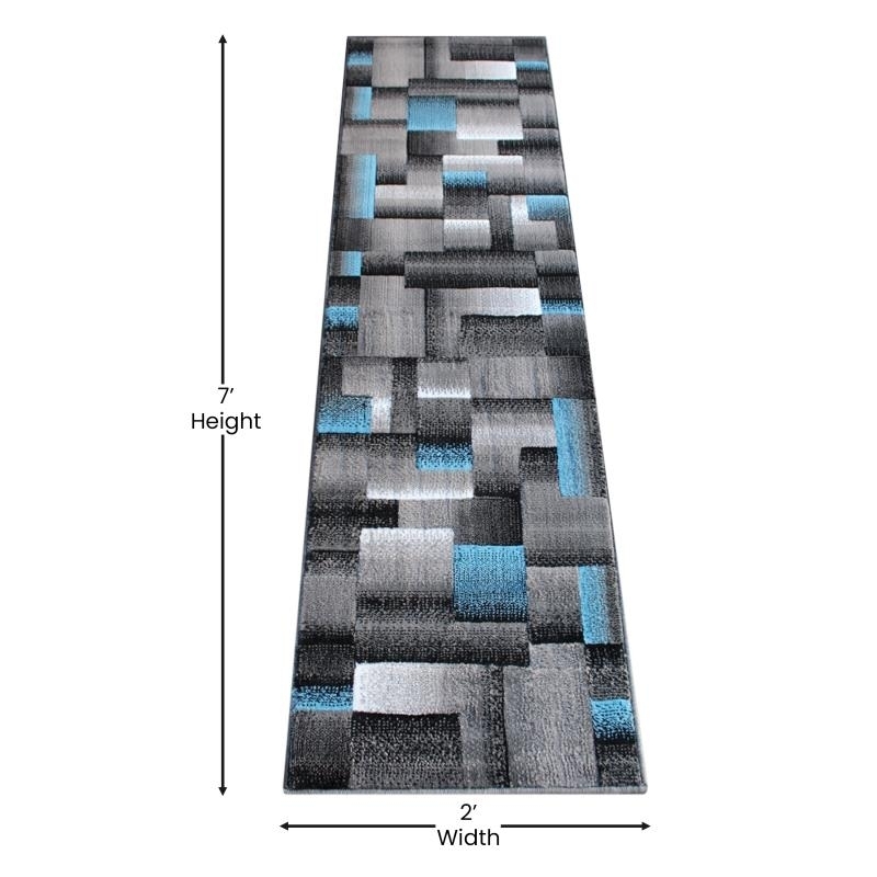 Elio Collection 2' X 7' Blue Color Blocked Area Rug - Olefin Rug With Jute Backing - Entryway, Living Room, Or Bedroom