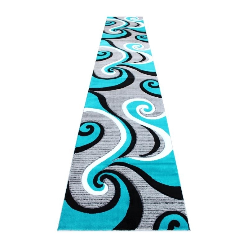Athos Collection 3' X 16' Turquoise Abstract Area Rug - Olefin Rug With Jute Backing - Hallway, Entryway, Or Bedroom