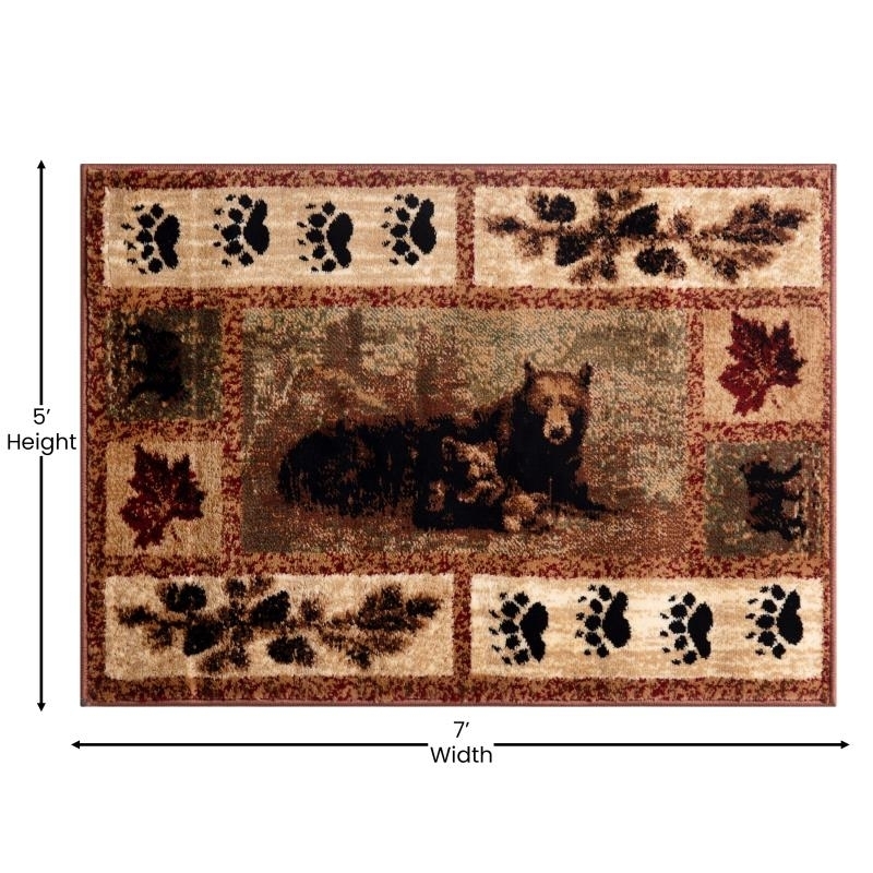 Vassa Collection 5' X 7' Mother Bear & Cubs Nature Themed Olefin Area Rug With Jute Backing For Entryway, Living Room, Bedroom