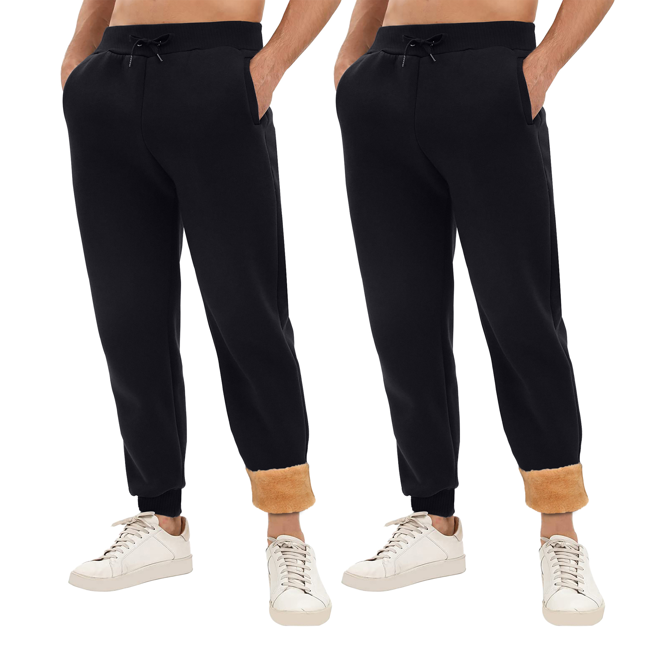 2-Pack: Men's Winter Warm Thick Sherpa Lined Jogger Track Pants With Pockets - Black & Navy, Large