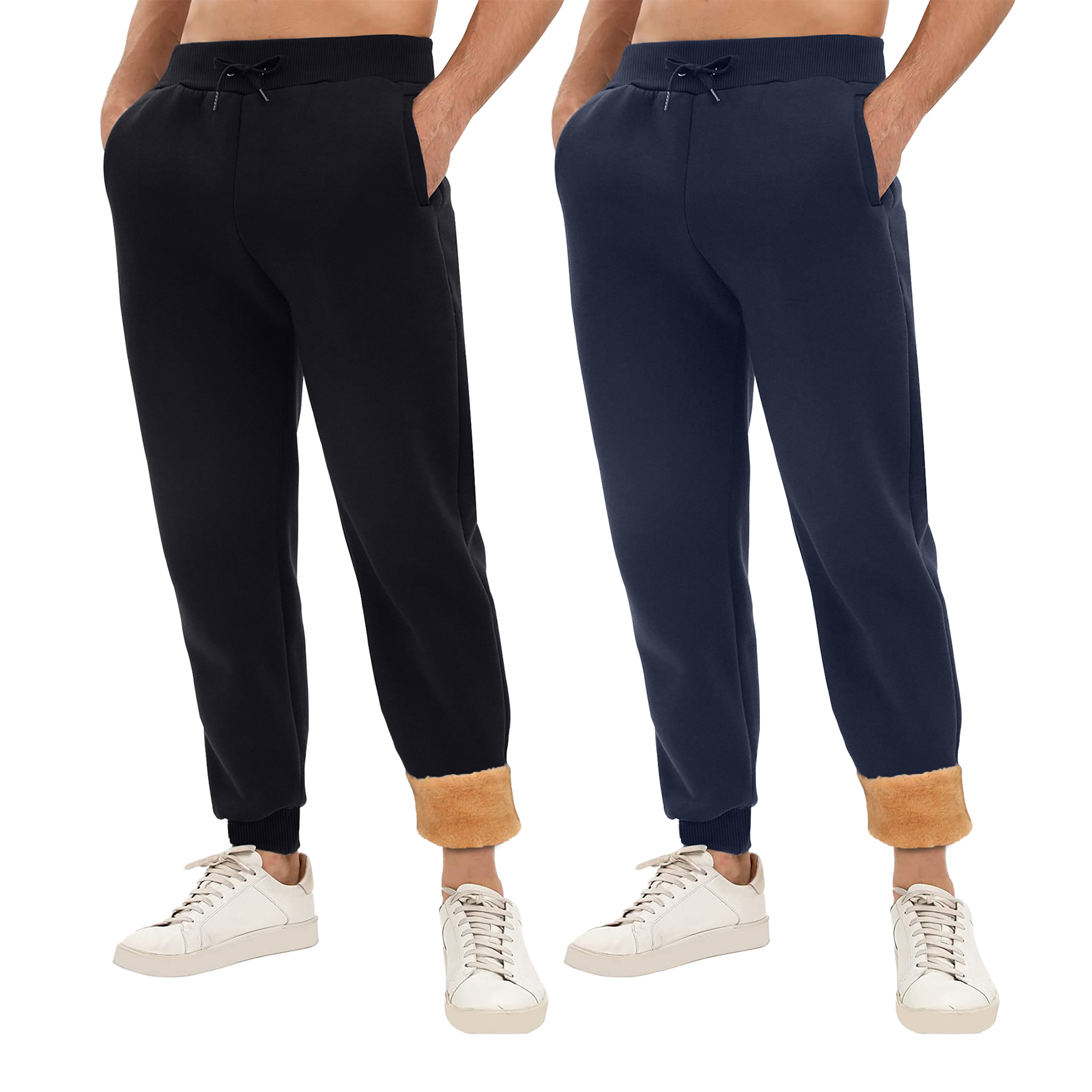 2-Pack: Men's Winter Warm Thick Sherpa Lined Jogger Track Pants With Pockets - Black & Navy, Small