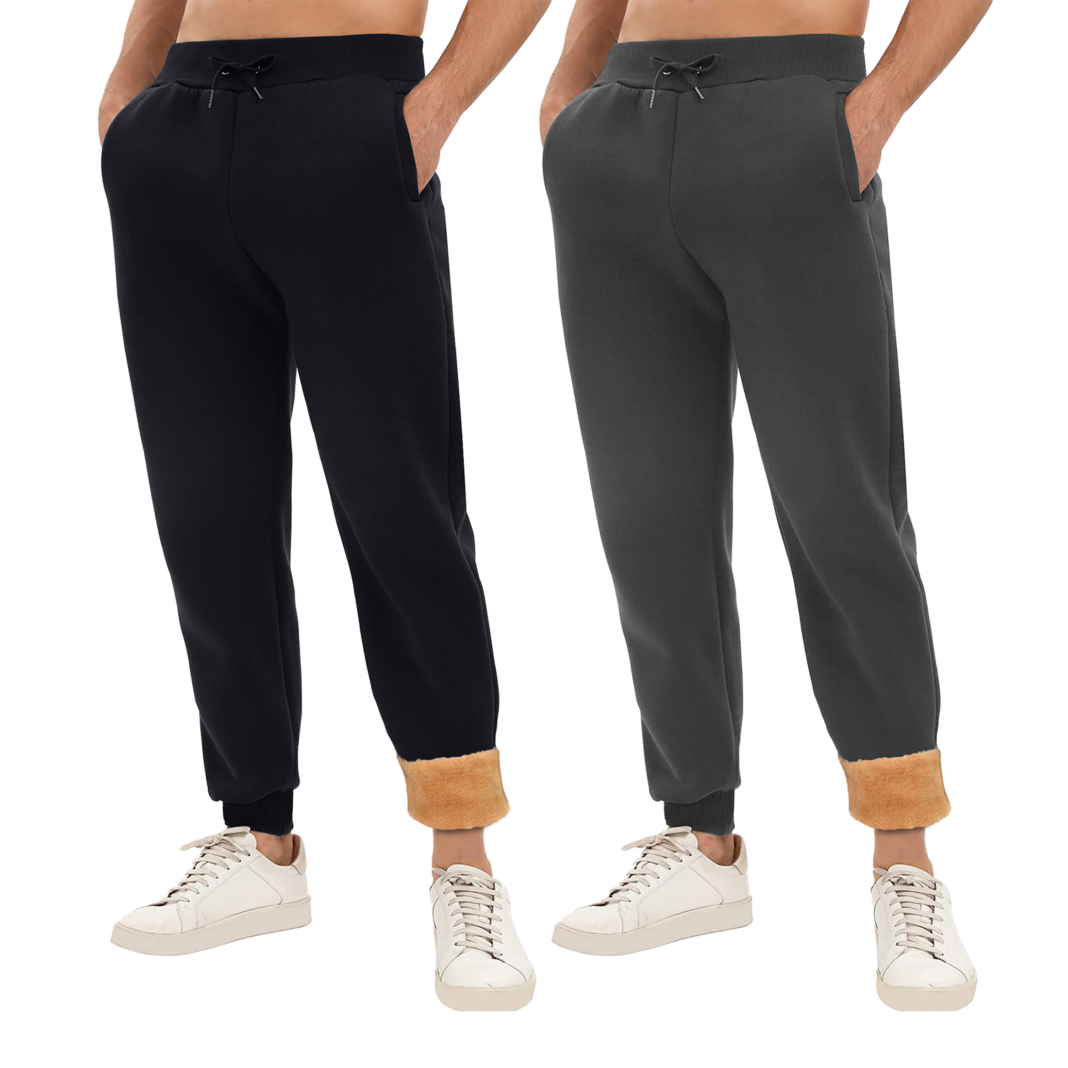 2-Pack: Men's Winter Warm Thick Sherpa Lined Jogger Track Pants With Pockets - Black & Charcoal, Small