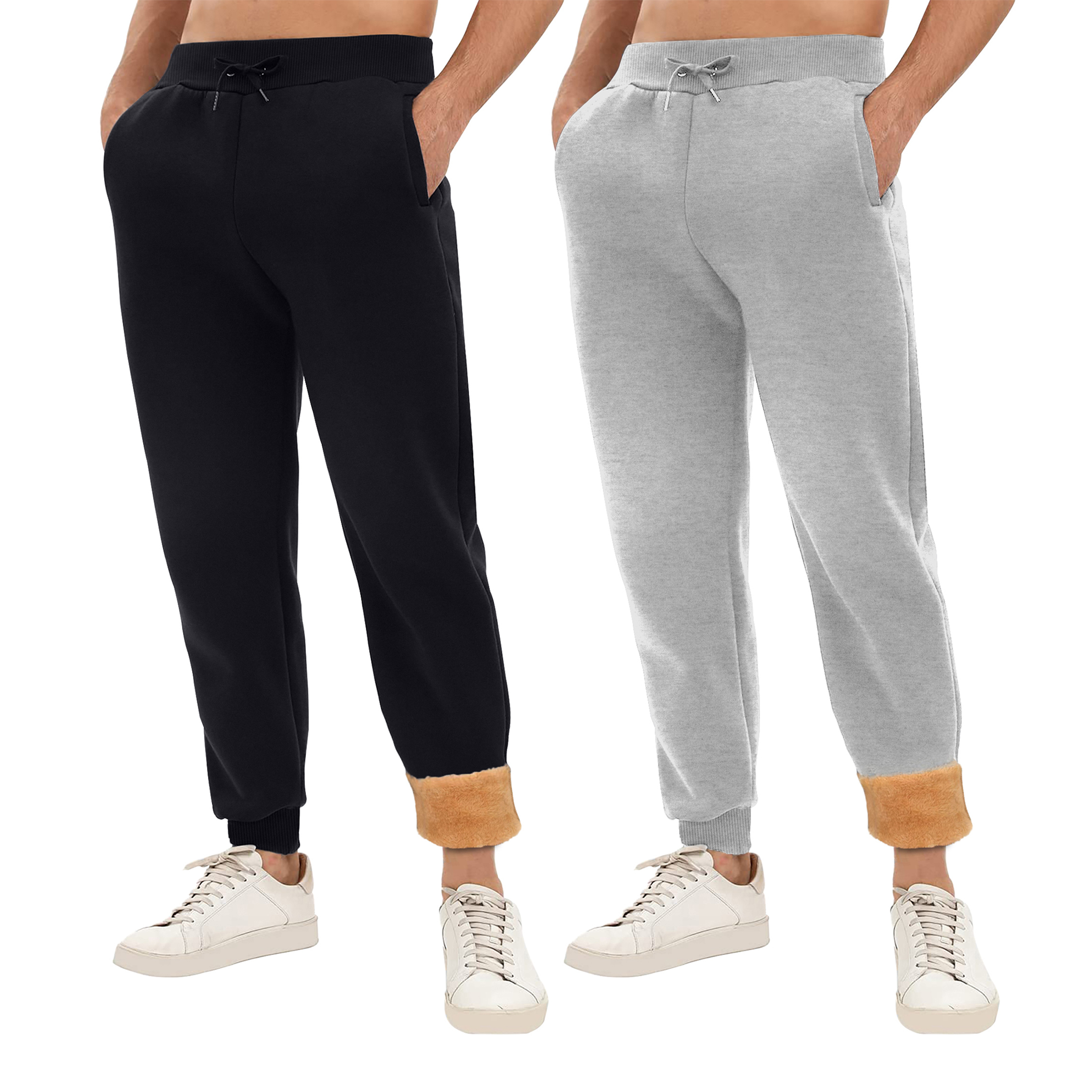 2-Pack: Men's Winter Warm Thick Sherpa Lined Jogger Track Pants With Pockets - Black & Grey, Small
