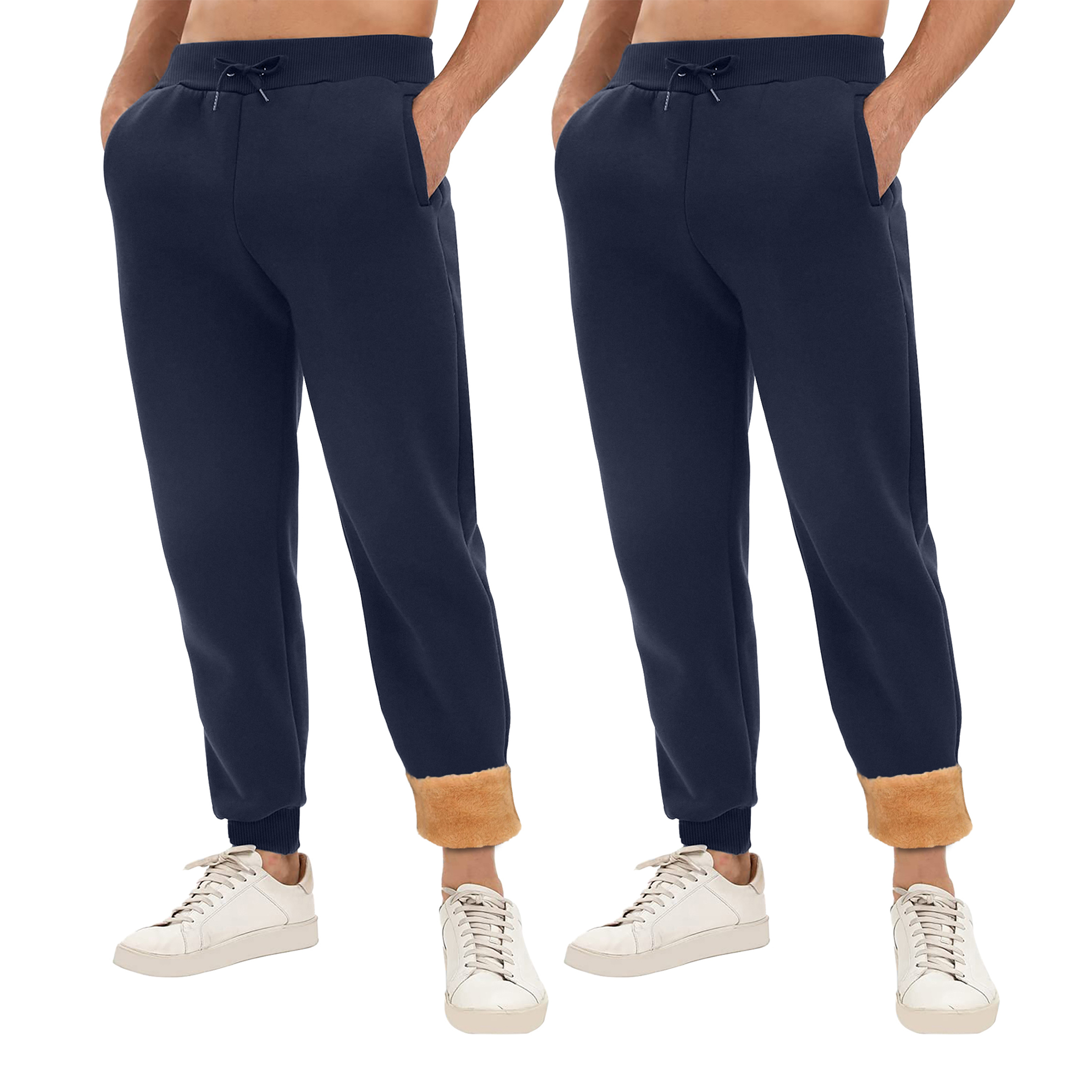 2-Pack: Men's Winter Warm Thick Sherpa Lined Jogger Track Pants With Pockets - Navy, Small