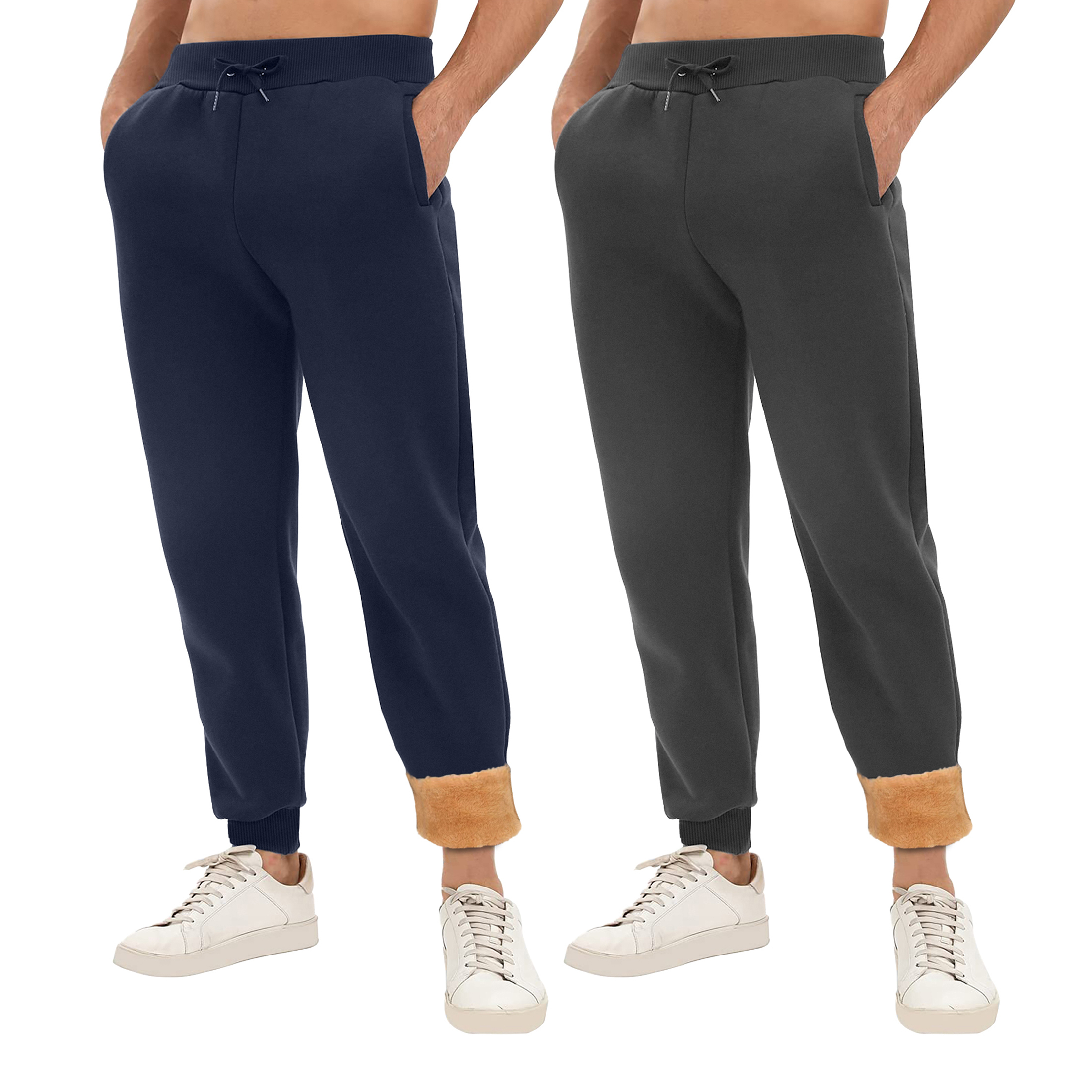 2-Pack: Men's Winter Warm Thick Sherpa Lined Jogger Track Pants With Pockets - Navy & Charcoal, Small