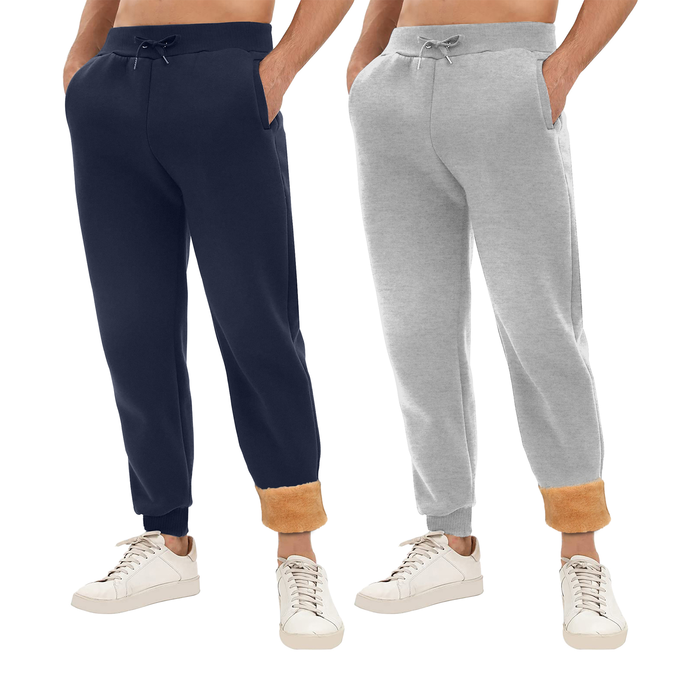 2-Pack: Men's Winter Warm Thick Sherpa Lined Jogger Track Pants With Pockets - Navy & Grey, Small
