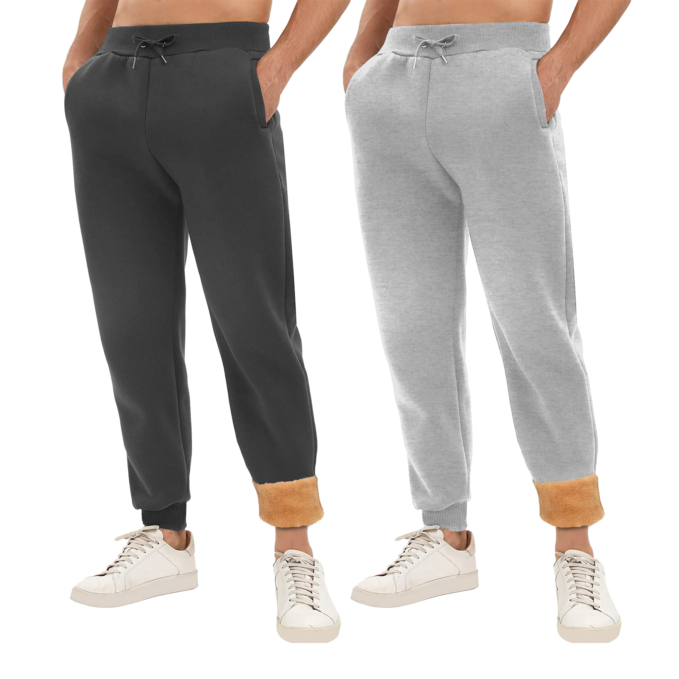 2-Pack: Men's Winter Warm Thick Sherpa Lined Jogger Track Pants With Pockets - Charcoal & Grey, Small