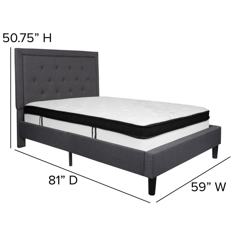 Roxbury Full Size Tufted Upholstered Platform Bed In Dark Gray Fabric With Memory Foam Mattress