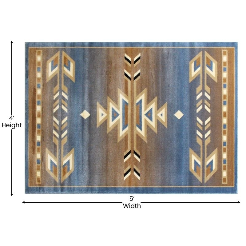 Lodi Collection Southwestern 4' X 5' Blue Area Rug - Olefin Rug With Jute Backing For Hallway, Entryway, Bedroom, Living Room