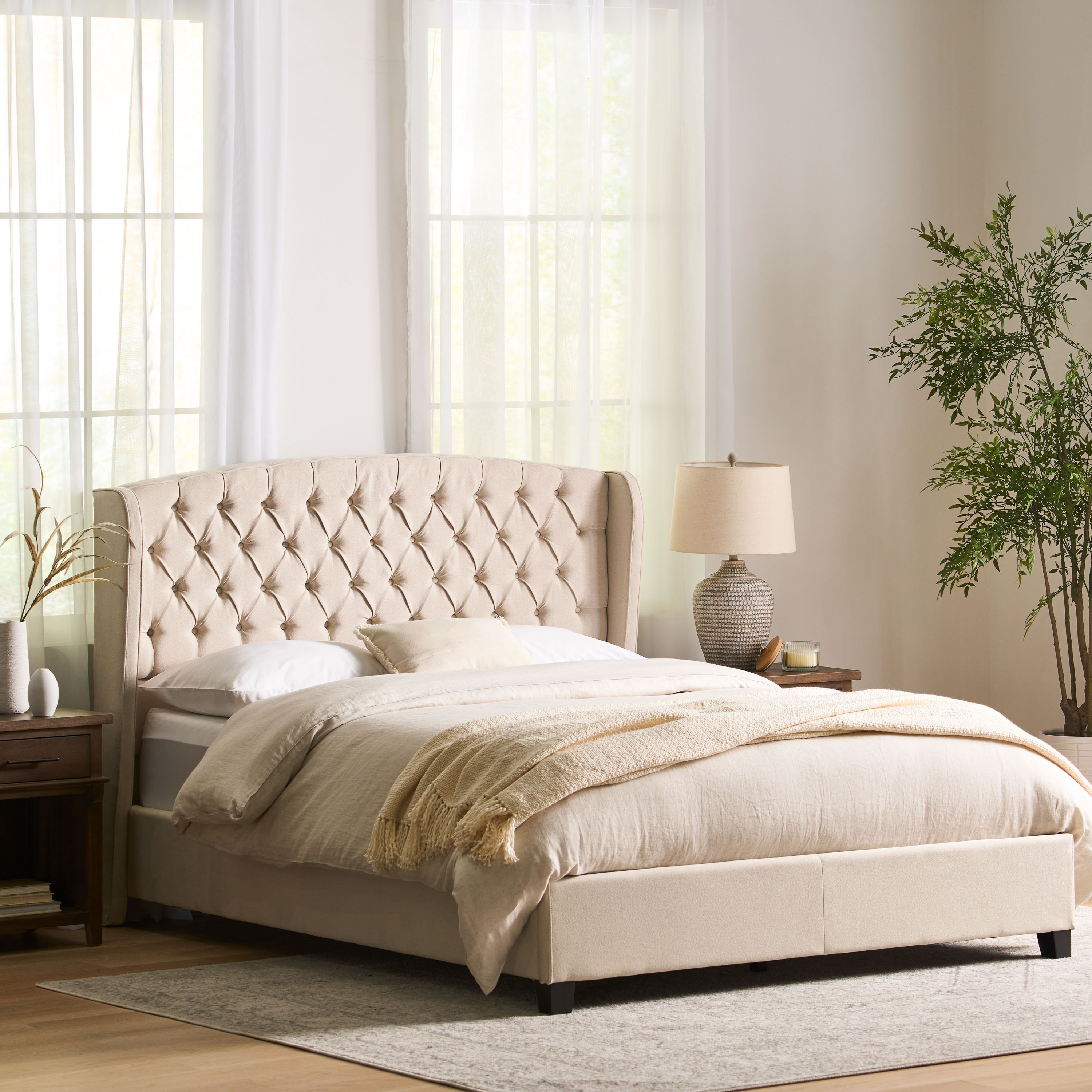 Twilight Fully Upholstered Fabric Queen Bed Set - Ivory