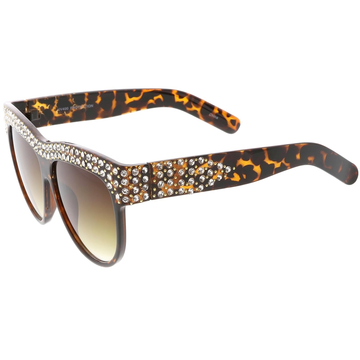 Handcrafted Rhinestone Stud Embellished Oversize Sunglasses Round Flat Lens 57mm - Tortoise / Amber