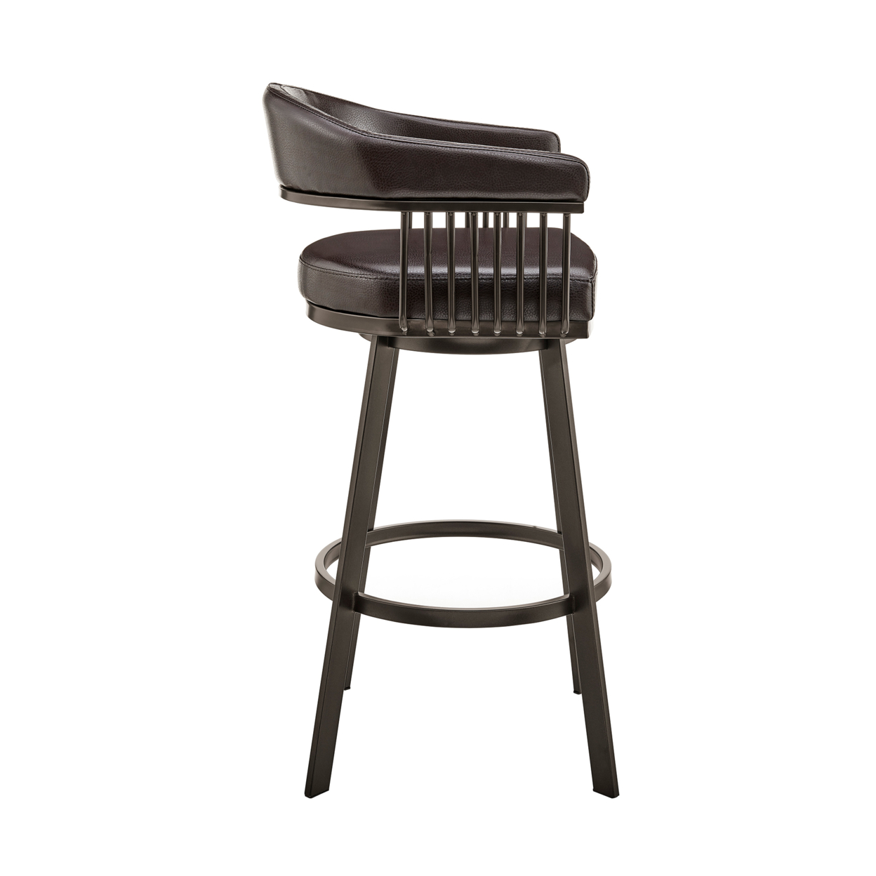 Swivel Barstool With Open Metal Frame And Slatted Arms, Brown- Saltoro Sherpi