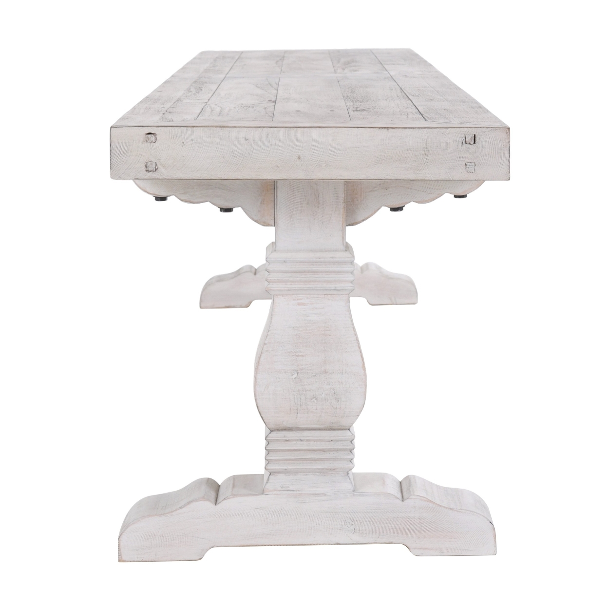 Kai 83 Inch Reclaimed Pine Dining Bench, Turned Pedestals, Antique White- Saltoro Sherpi