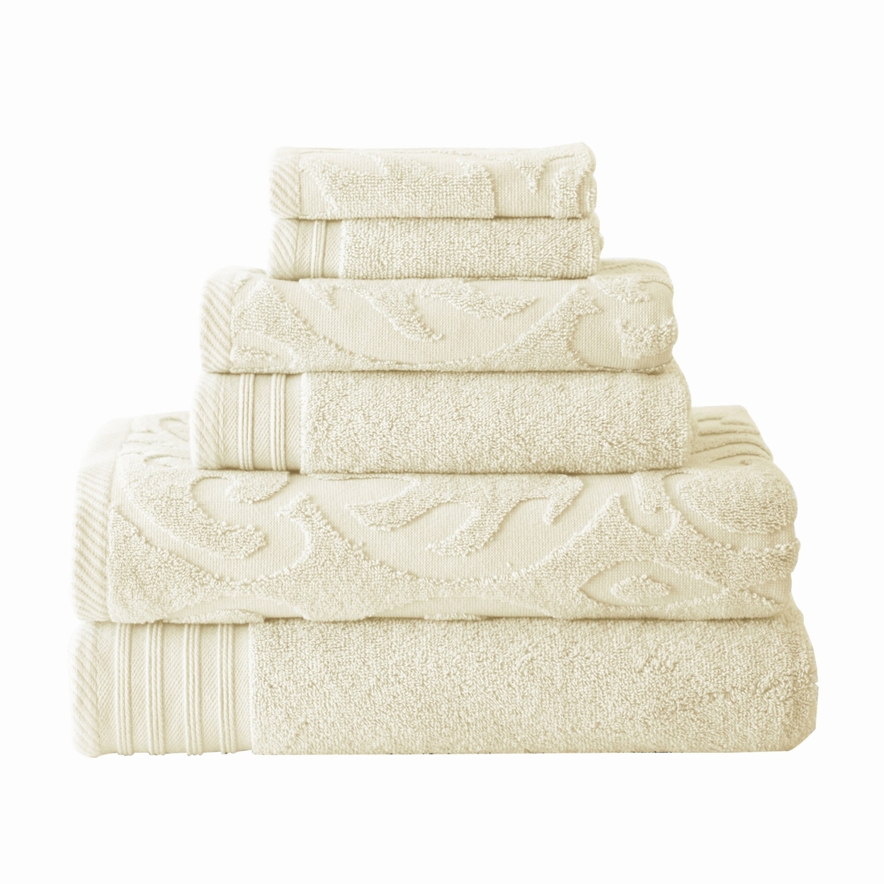 Oya 6 Piece Soft Egyptian Cotton Towel Set, Solid Medallion Pattern, Ivory- Saltoro Sherpi