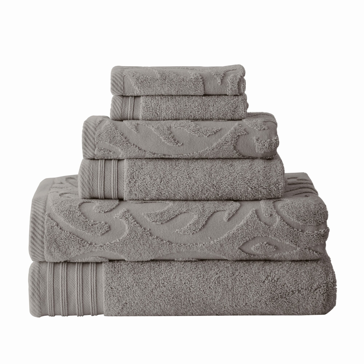 Oya 6 Piece Soft Egyptian Cotton Towel Set, Solid Medallion Pattern, Gray- Saltoro Sherpi