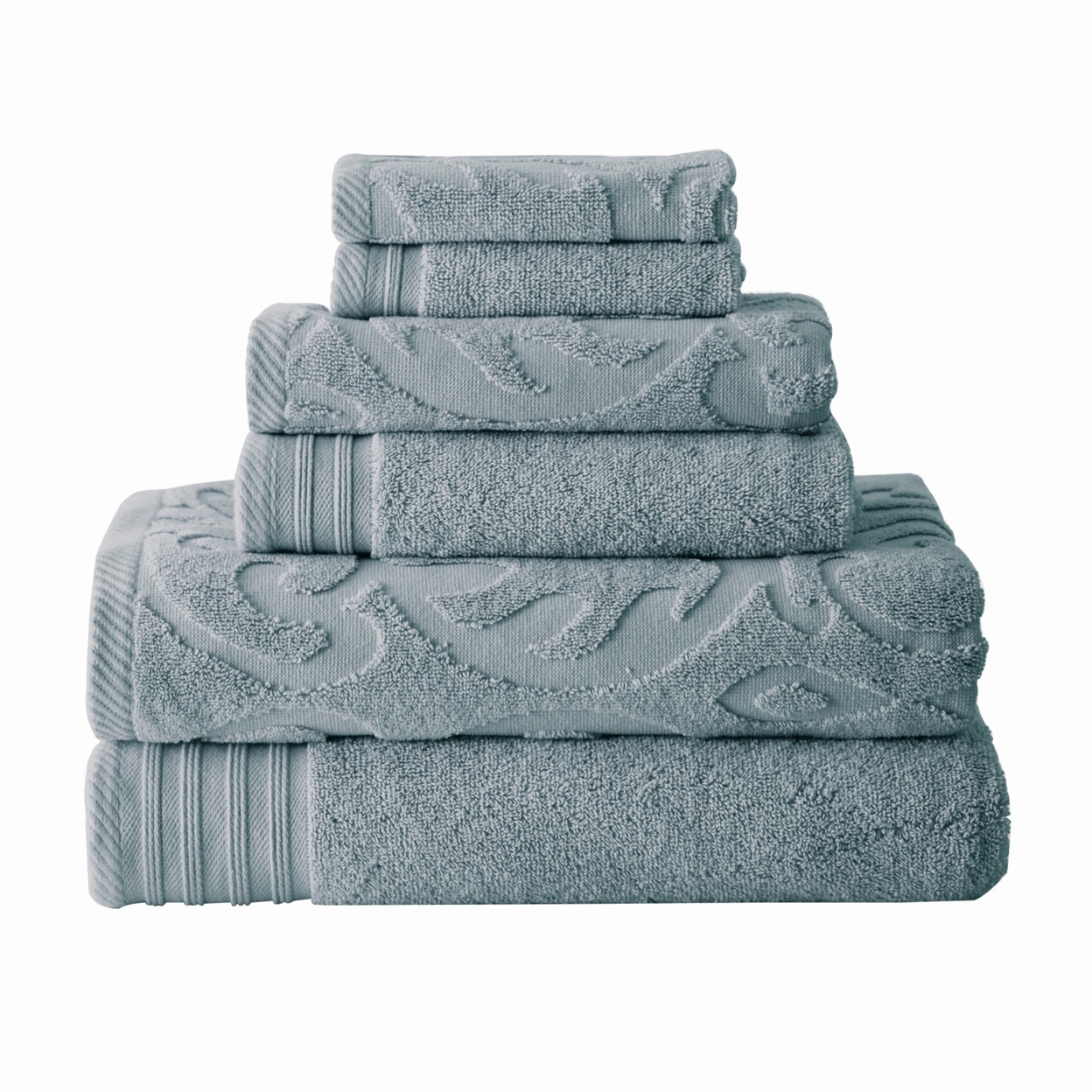 Oya 6 Piece Soft Egyptian Cotton Towel Set, Medallion Pattern, Blue Gray- Saltoro Sherpi