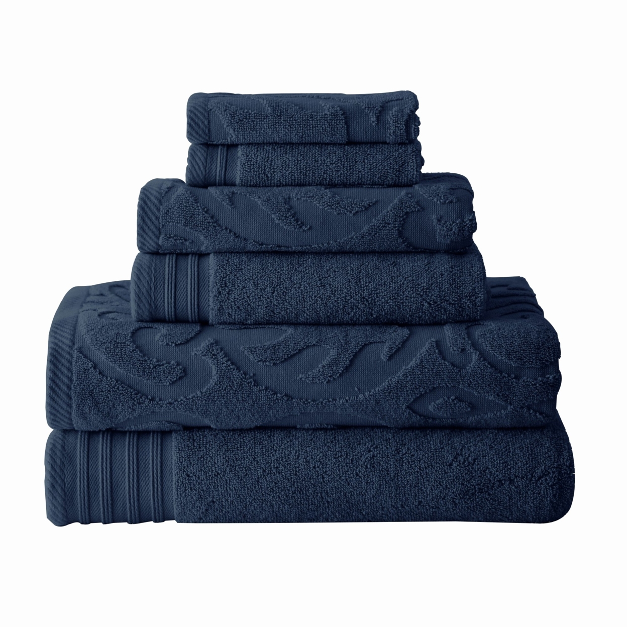 Oya 6 Piece Soft Egyptian Cotton Towel Set, Medallion Pattern, Navy Blue- Saltoro Sherpi