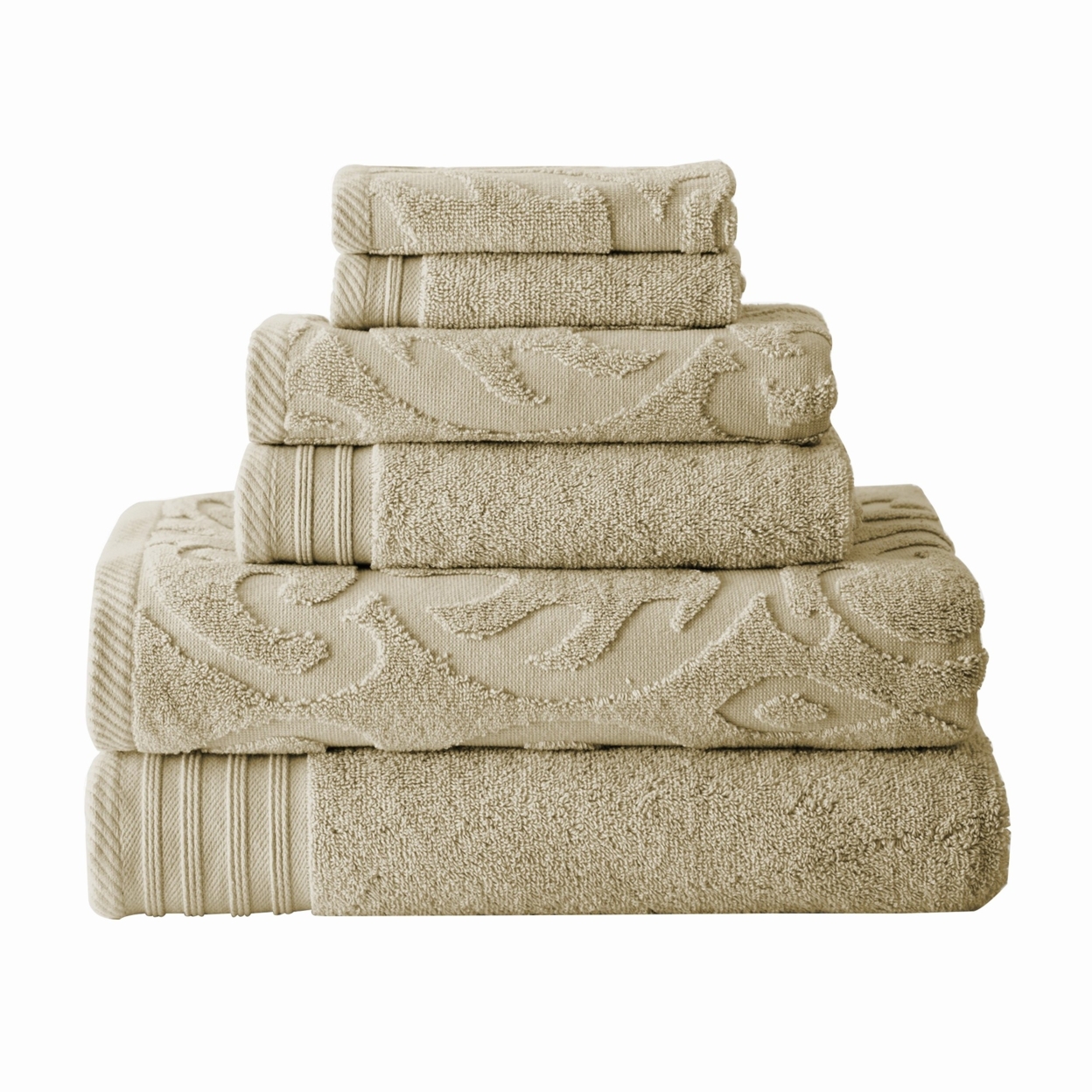 Oya 6 Piece Soft Egyptian Cotton Towel Set, Solid Medallion Pattern, Beige- Saltoro Sherpi