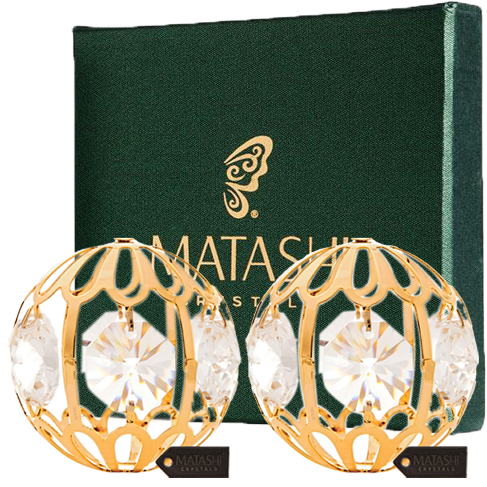 Pair Of 24K Gold Plated Crystal Studded Christmas Ball Ornament By Matashi