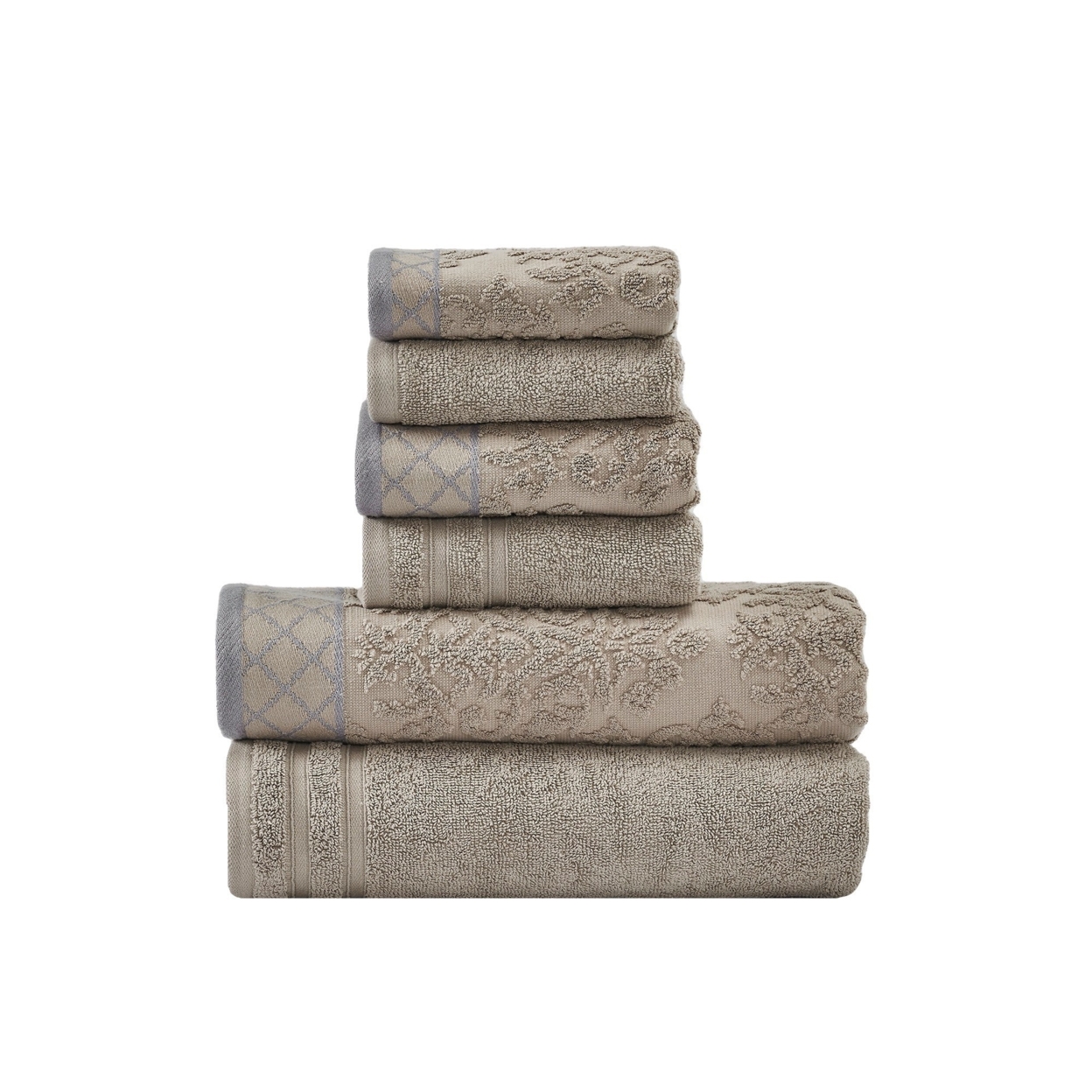 Noa 6 Piece Soft Egyptian Cotton Towel Set, Solid Damask Pattern, Dark Gray- Saltoro Sherpi