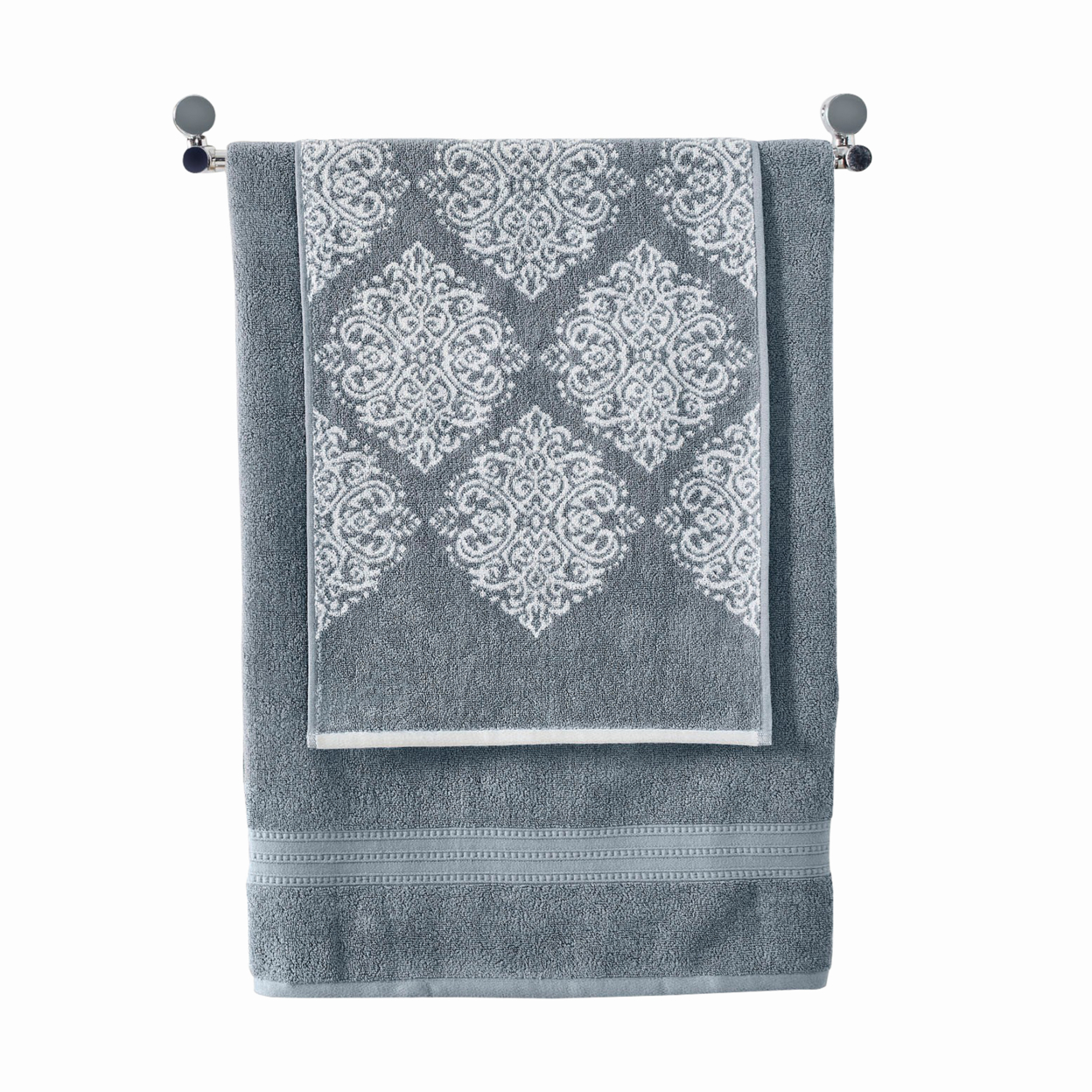 Eula Modern 6 Piece Cotton Towel Set, Stylish Damask Pattern, Slate Blue- Saltoro Sherpi