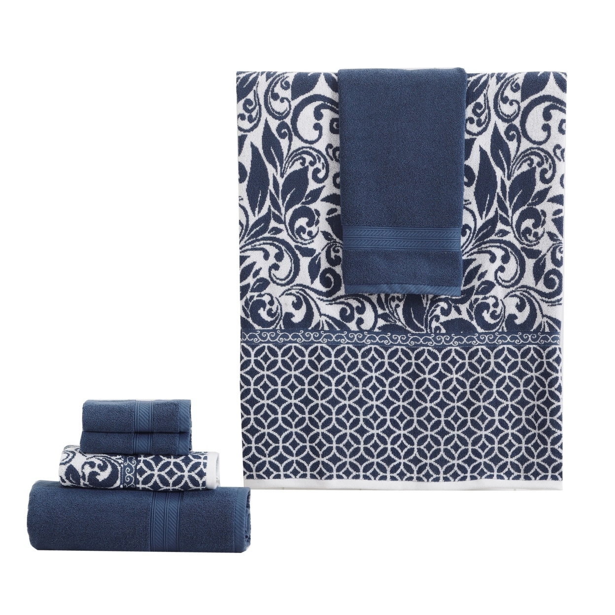 Bev Modern 6 Piece Cotton Towel Set, Jacquard Filigree Pattern, Deep Blue- Saltoro Sherpi