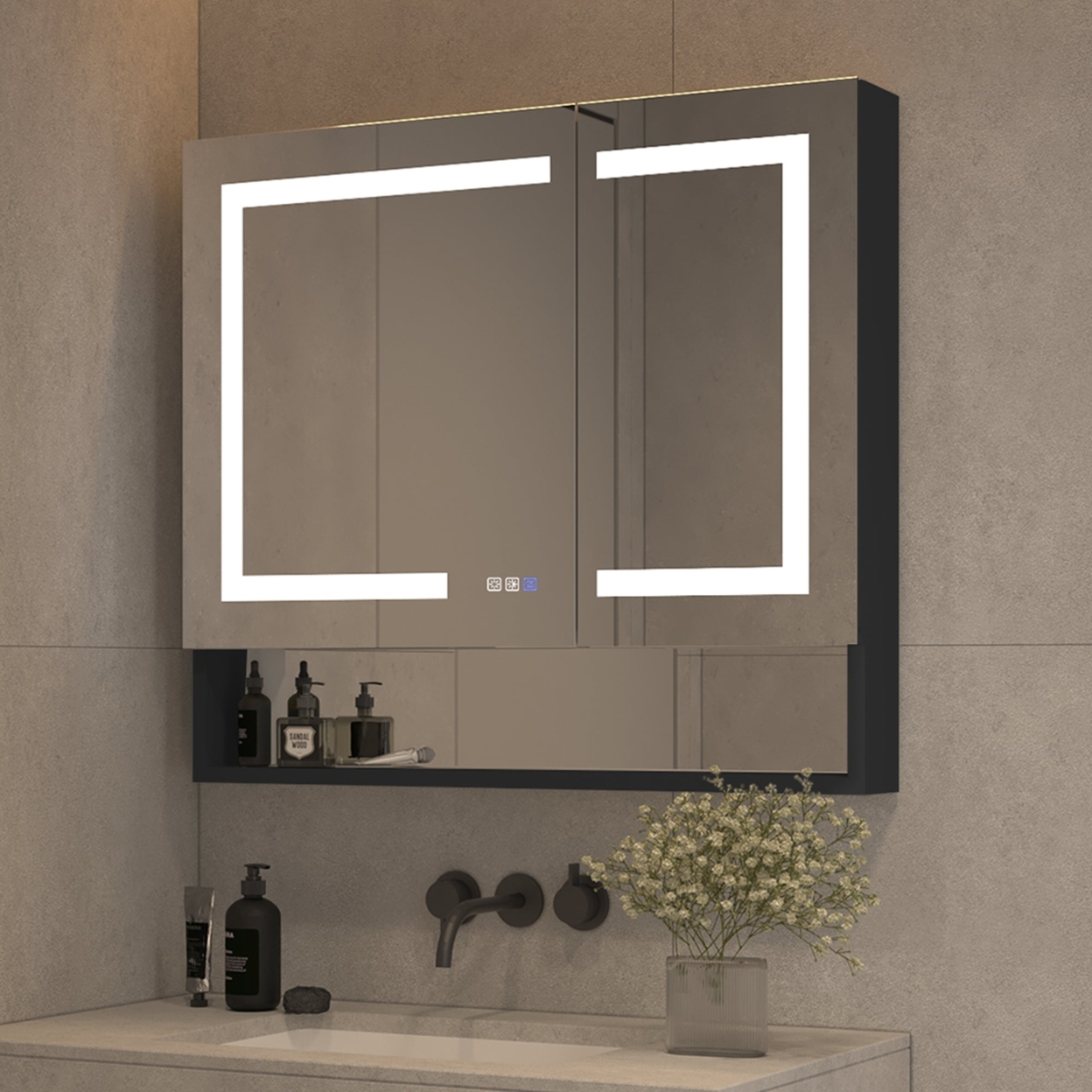 ExBrite 36 x 32 inch LED Lighted Mirror Black Medicine Cabinet with Shelves for Bathroom Recessed or Surface Mount