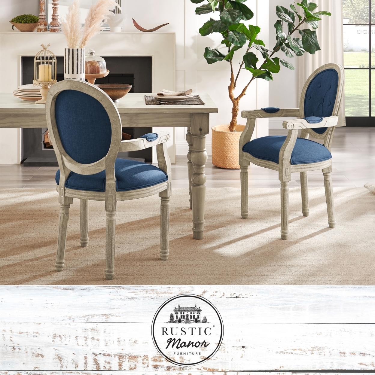 Chanelle Dining Chair - Upholstered | Button Tufted, Oval Back | Antique Brushed Wood Finish - navy - navy blue