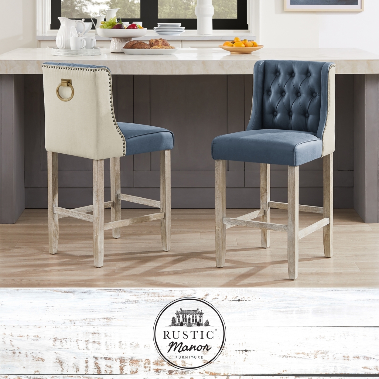 Kylynn Counter Stool - Armless, Upholstered, Footrest | Button Tufted, Nailhead Trim, Back Metal Ring | Antique Brushed Wood Finish - navy - navy blue