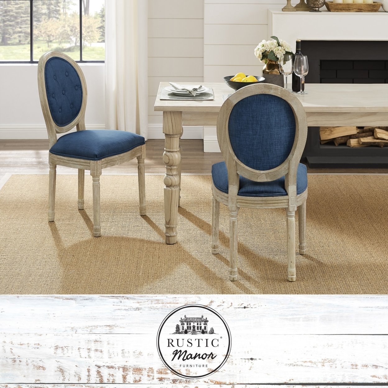Chanelle Dining Chair - Armless, Upholstered | Button Tufted, Oval Back | Antique Brushed Wood Finish - navy - navy blue