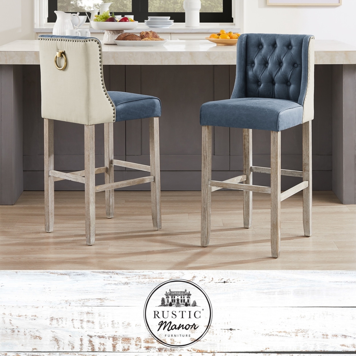 Kylynn Barstool - Armless, Upholstered, Footrest | Button Tufted, Nailhead Trim, Back Metal Ring | Antique Brushed Wood Finish - navy - navy blue