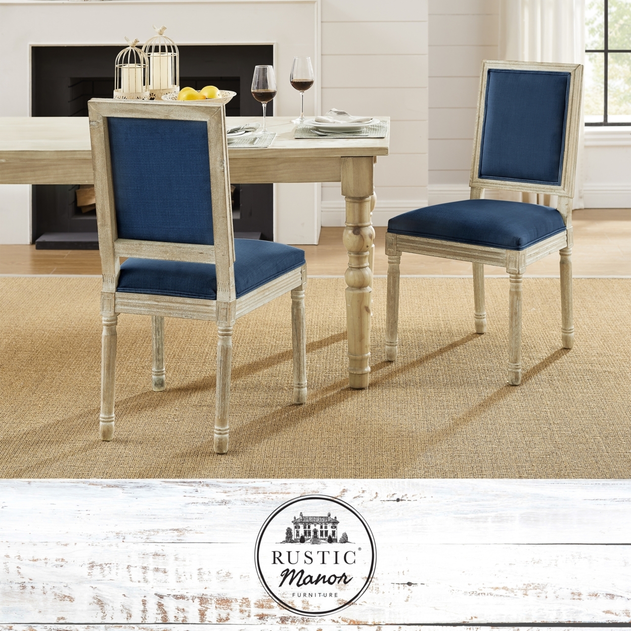 Olivier Dining Chair - Upholstered | Armless | Antique Brushed Wood Finish - navy - navy blue