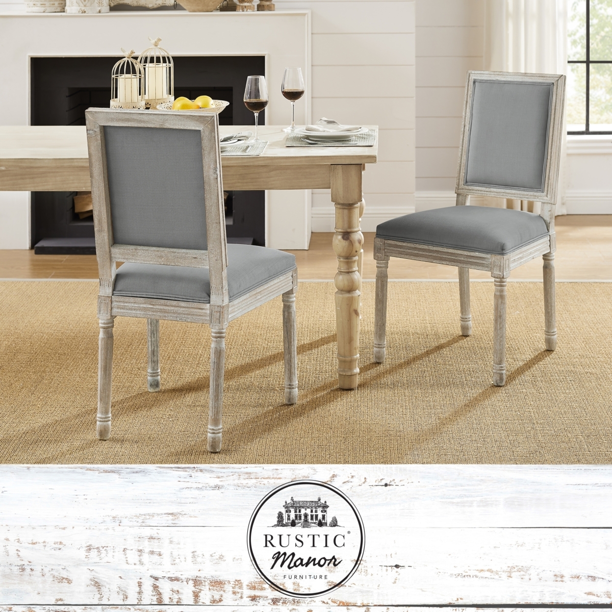 Olivier Dining Chair - Upholstered , Armless , Antique Brushed Wood Finish - Grey
