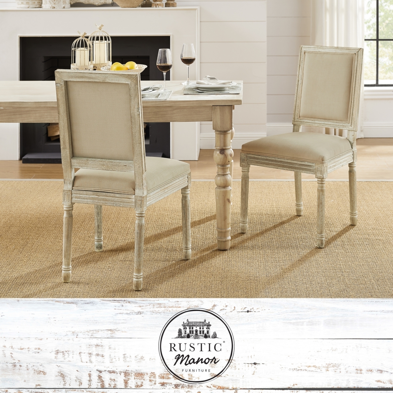 Olivier Dining Chair - Upholstered | Armless | Antique Brushed Wood Finish - beige