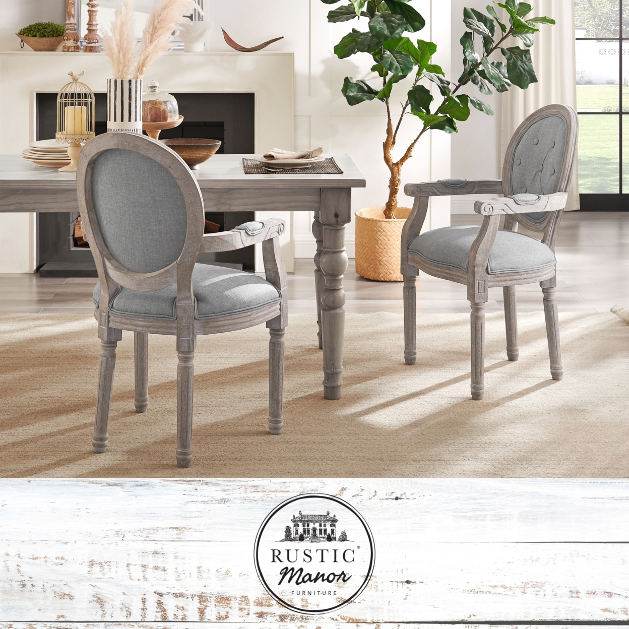 Chanelle Dining Chair - Upholstered | Button Tufted, Oval Back | Antique Brushed Wood Finish - grey