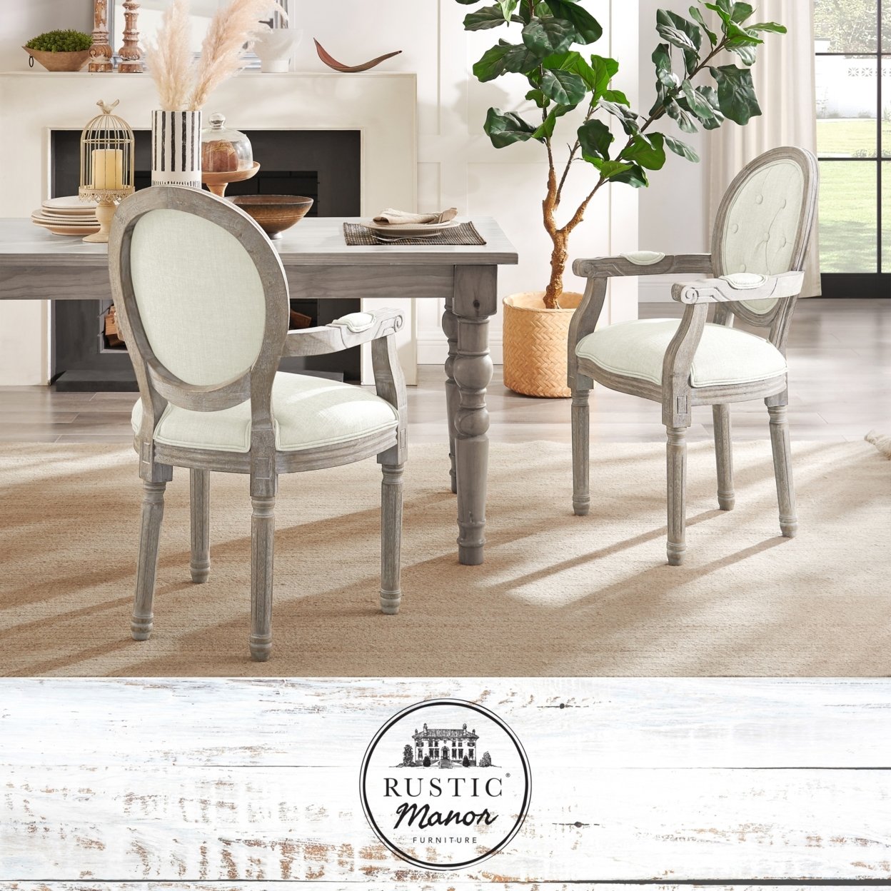 Chanelle Dining Chair - Upholstered | Button Tufted, Oval Back | Antique Brushed Wood Finish - cream white