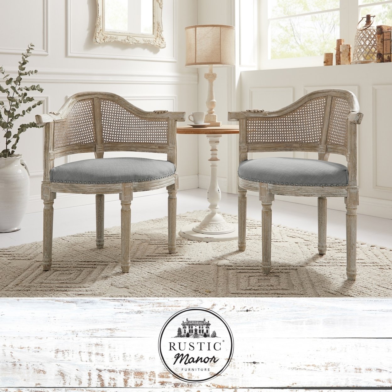 Arius Accent Chair - Upholstered, Nailhead Trim , Rattan Imitation, Curved Back , Antique Brushed Wood Finish - Beige