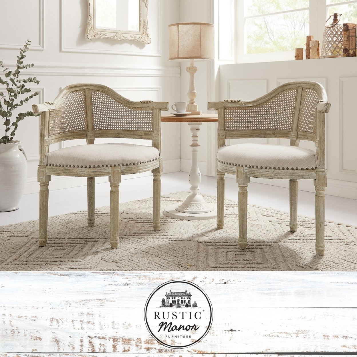 Arius Accent Chair - Upholstered, Nailhead Trim , Rattan Imitation, Curved Back , Antique Brushed Wood Finish - Grey