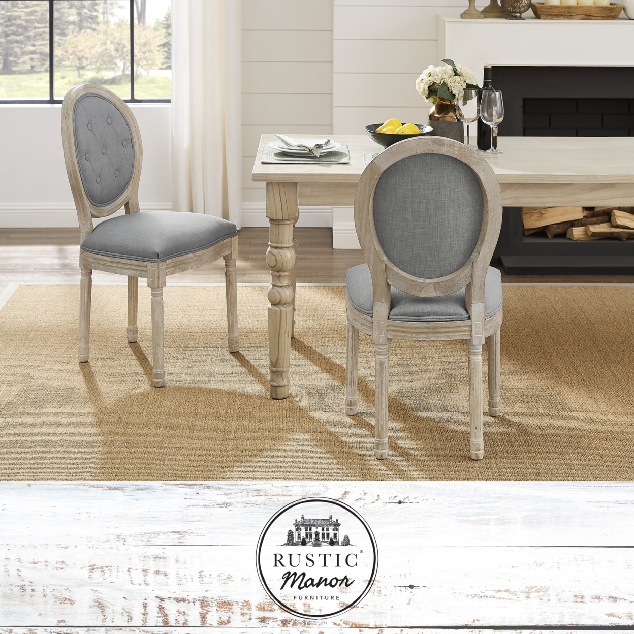 Chanelle Dining Chair - Armless, Upholstered , Button Tufted, Oval Back , Antique Brushed Wood Finish - Grey