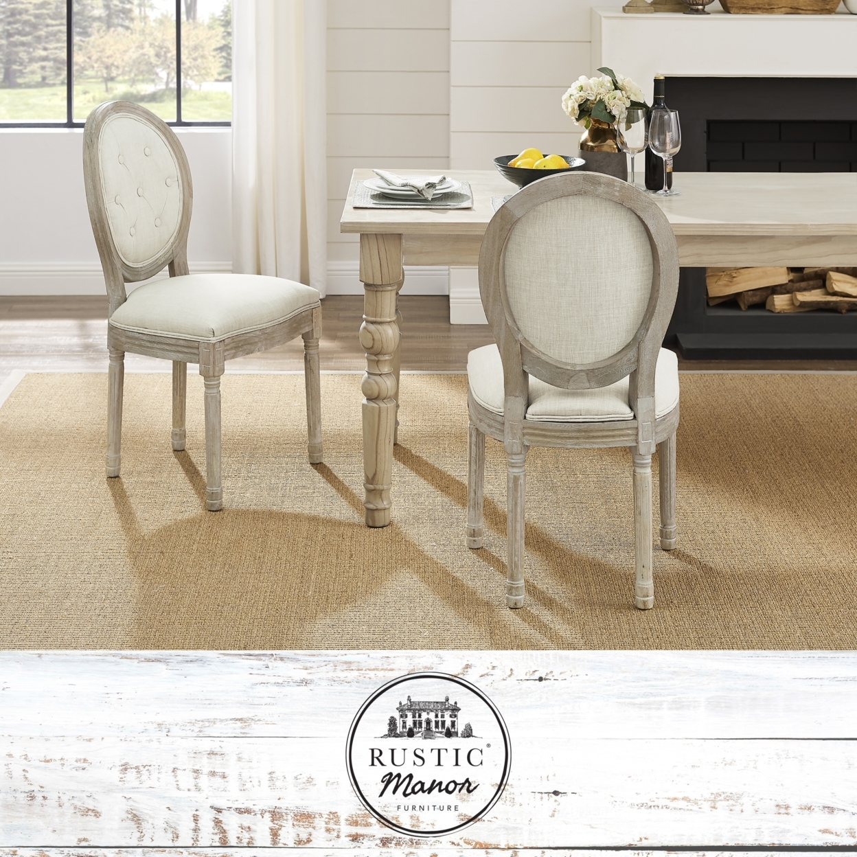 Chanelle Dining Chair - Armless, Upholstered , Button Tufted, Oval Back , Antique Brushed Wood Finish - Grey