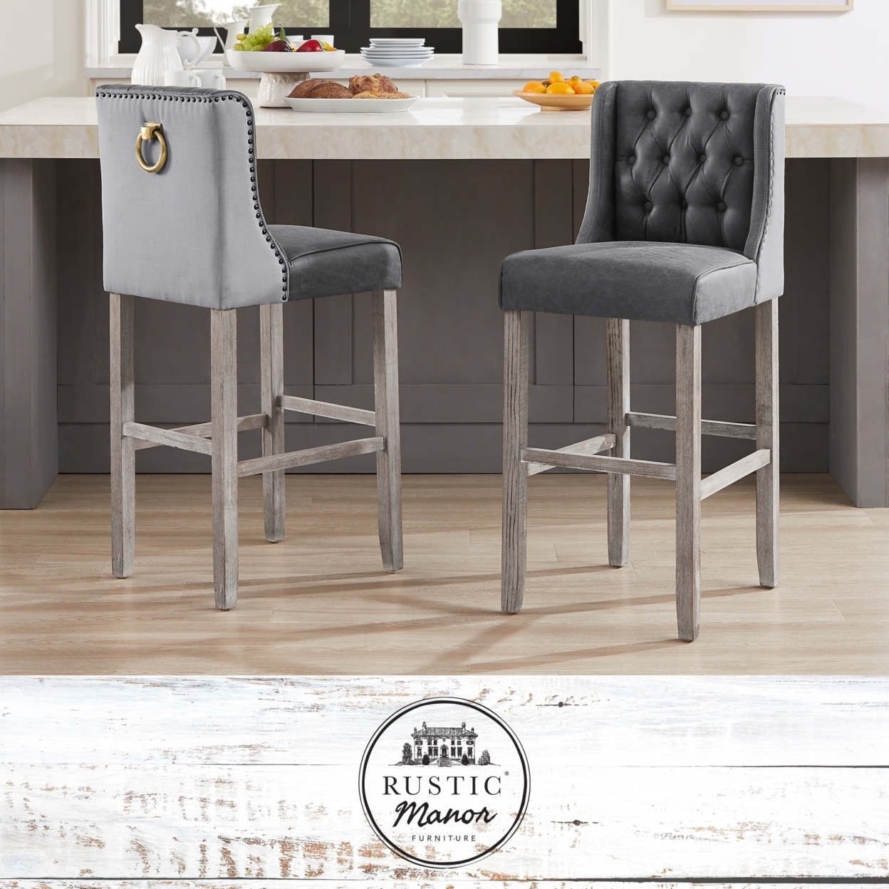 Kylynn Barstool - Armless, Upholstered, Footrest | Button Tufted, Nailhead Trim, Back Metal Ring | Antique Brushed Wood Finish - grey