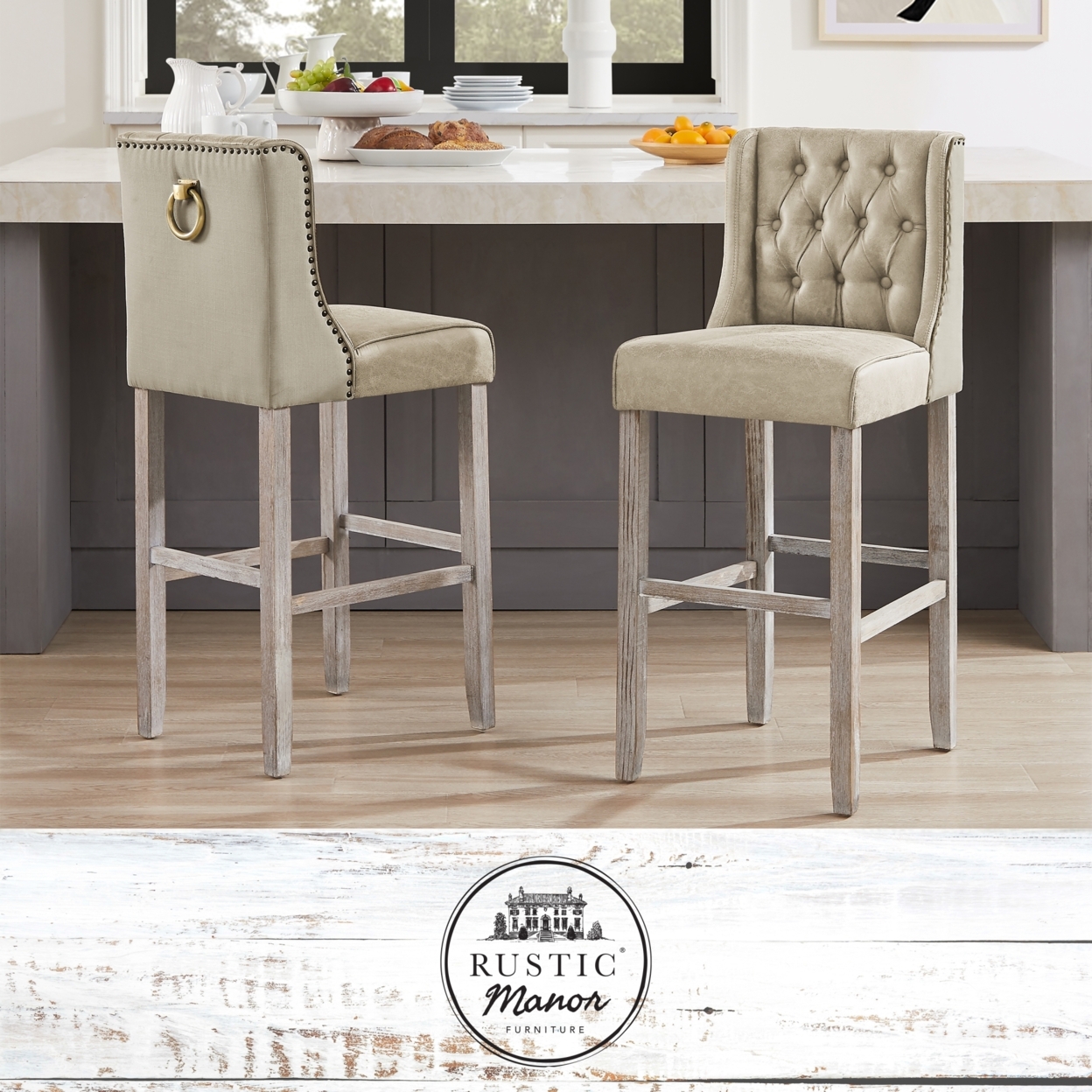 Kylynn Barstool - Armless, Upholstered, Footrest | Button Tufted, Nailhead Trim, Back Metal Ring | Antique Brushed Wood Finish - beige