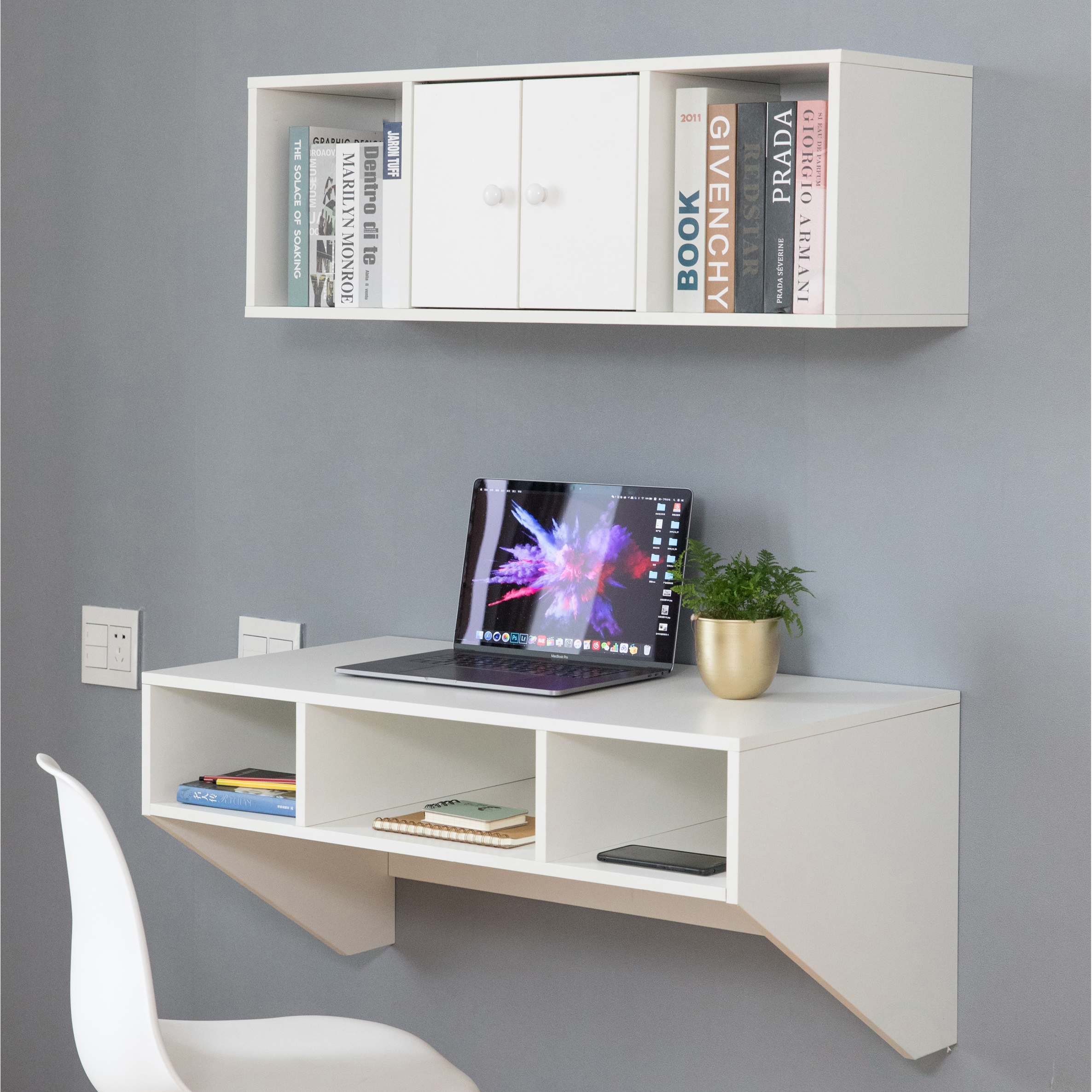 Wall Mounted Home Office Furniture Set - White Table And Hutch